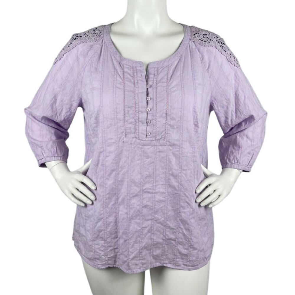 Great Northwest Indigo Blouse Plus 3X Purple Crochet Lace Top Long Sleeve Shirt